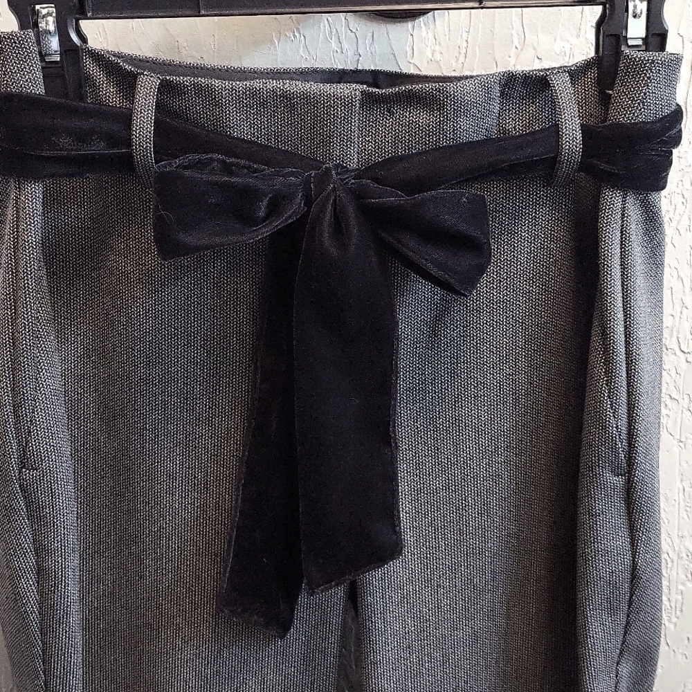 Gray High-Waist Pants with Black Velvet Tie